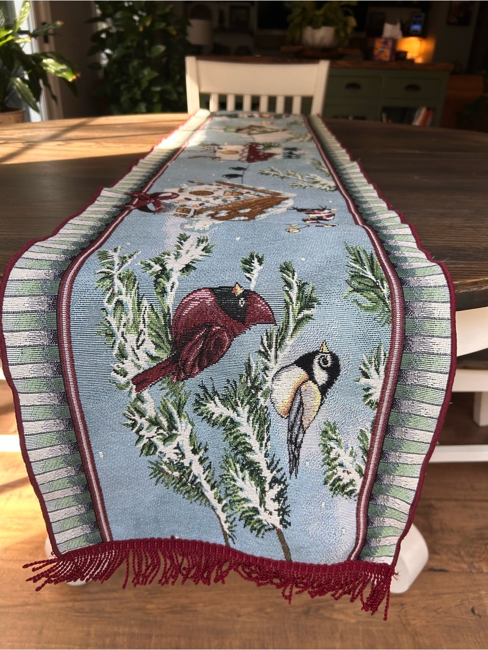 Classic Winter Tapestry Table Runner - Blue and Burgundy 13.5”x 70”